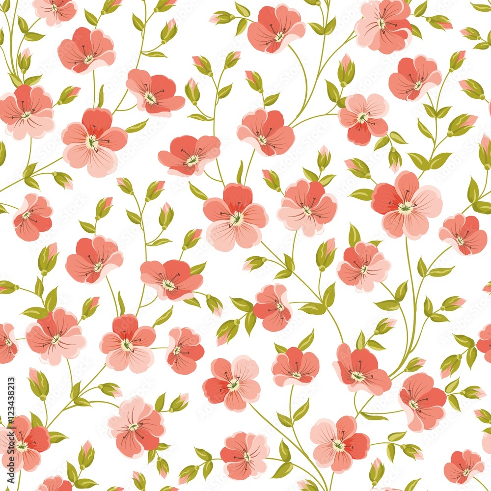 Linum seamless pattern for fabric swatches. Pattern with red flowers and small leaves. Vector illustration. Linum seamless pattern for fabric swatches. Pattern with red flowers and small leaves. Vector illustration.