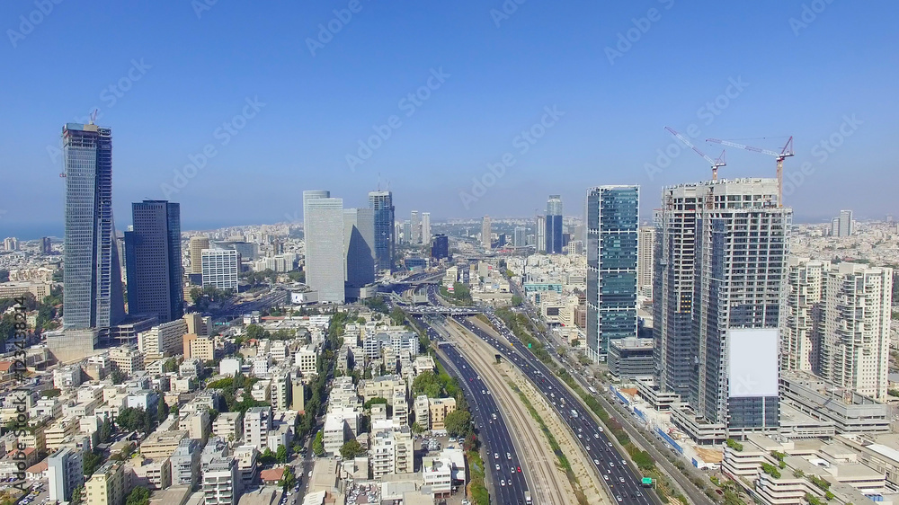 Tel Aviv skyline - Aerial photo of Tel Aviv's center with Ayalon freeway
