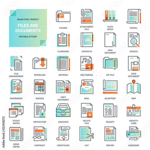 Files and documents flat line icons