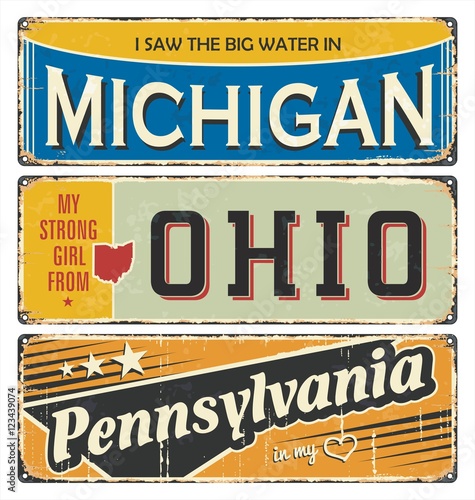 Vintage tin sign collection with America state. Michigan. Ohio. Pennsylvania. Retro souvenirs or postcard templates on rust background.