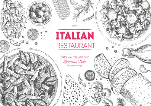Italian cuisine top view frame. Italian food menu design. Vintage hand drawn sketch vector illustration.