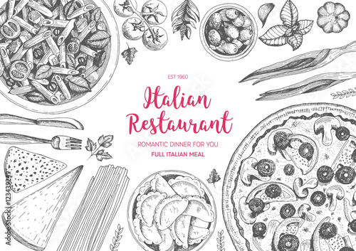Italian cuisine top view frame. Italian food menu design. Vintage hand drawn sketch vector illustration.