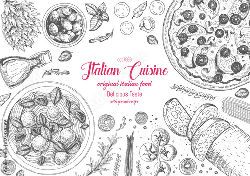 Italian cuisine top view frame. Italian food menu design. Vintage hand drawn sketch vector illustration.