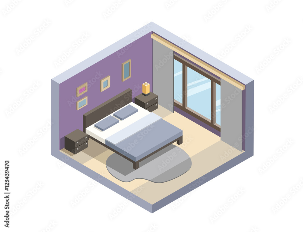 Vector isometric illustration of hotel room, Flat 3d, interior design, hotel icon, accommodation. Set of bedroom furniture, cozy room Vector isometric illustration of hotel room, Flat 3d, interior design, hotel icon, accommodation. Set of bedroom furniture, cozy room