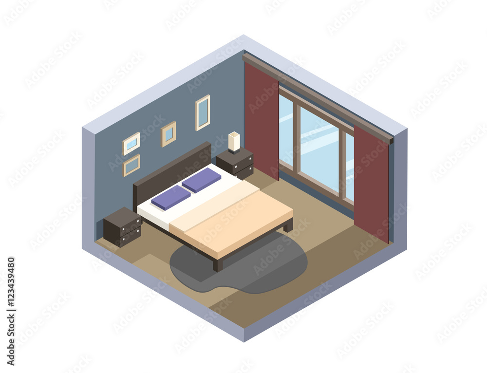 Vector isometric illustration of hotel room, Flat 3d, interior design, hotel icon, accommodation. Set of bedroom furniture, cozy room