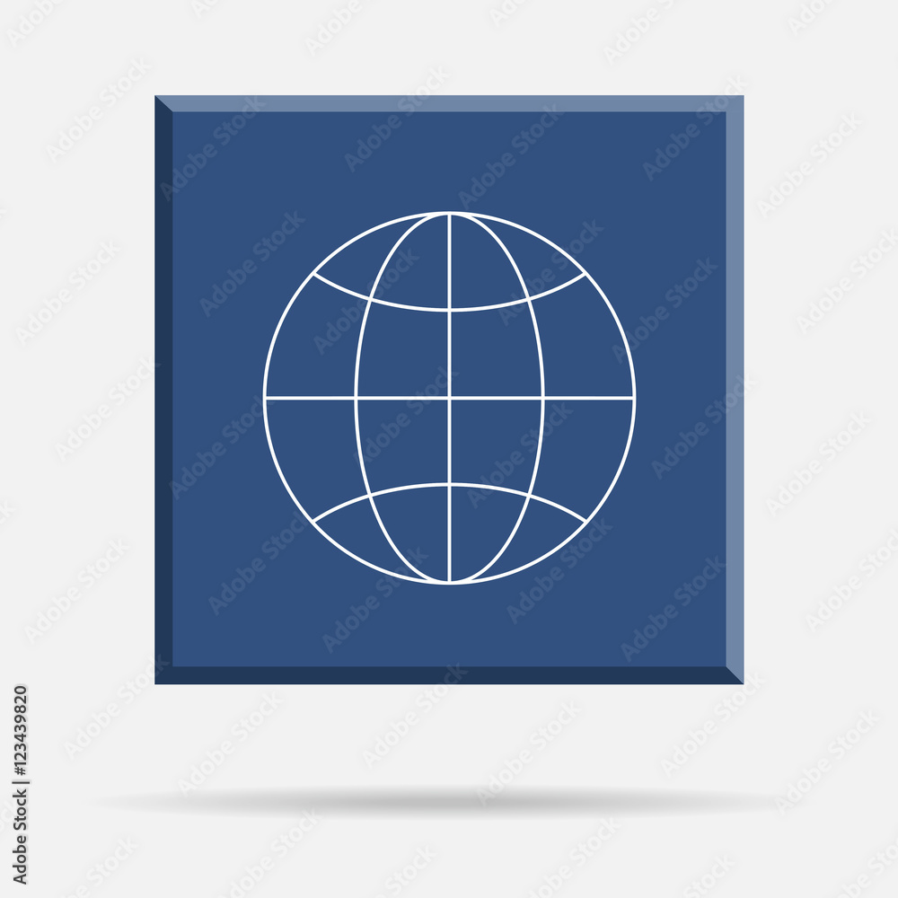 World globe thin line symbol on blue square, spatial tile with shadow