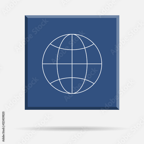 World globe thin line symbol on blue square, spatial tile with shadow