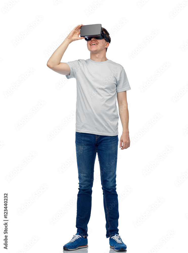 happy man in virtual reality headset or 3d glasses