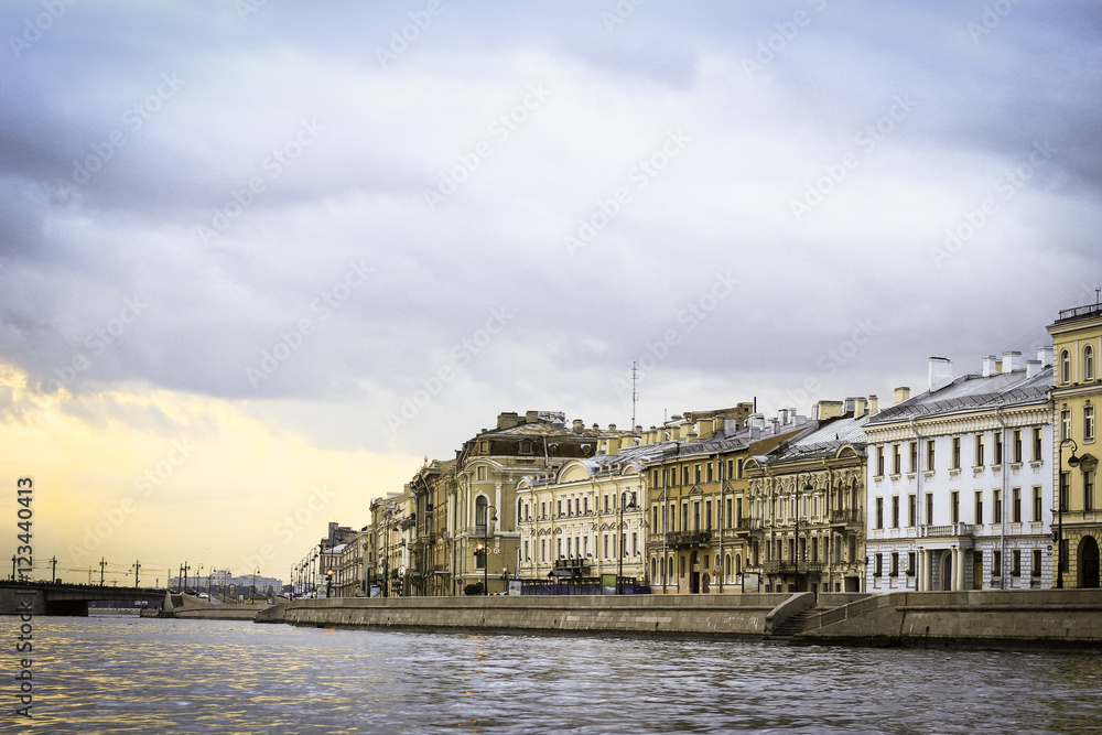 Autumn quay of the Neva River in Saint Petersburg, Russia.