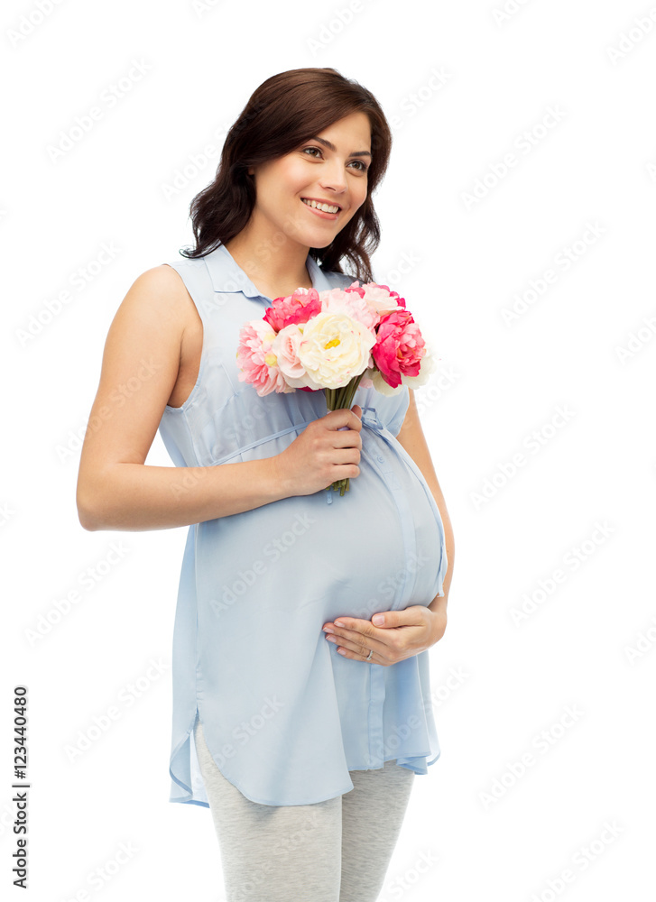 happy pregnant woman with flowers touching belly happy pregnant woman with flowers touching belly