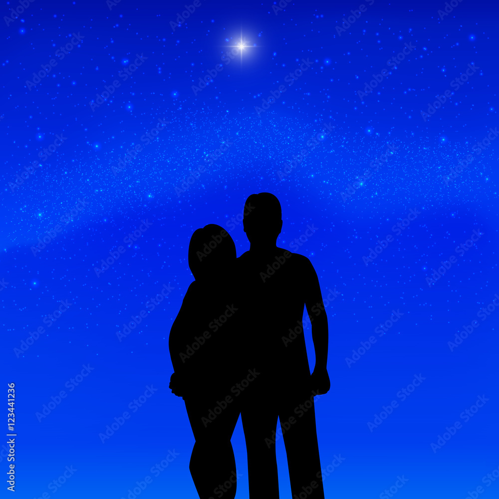 Silhouette couple in love background of stars
