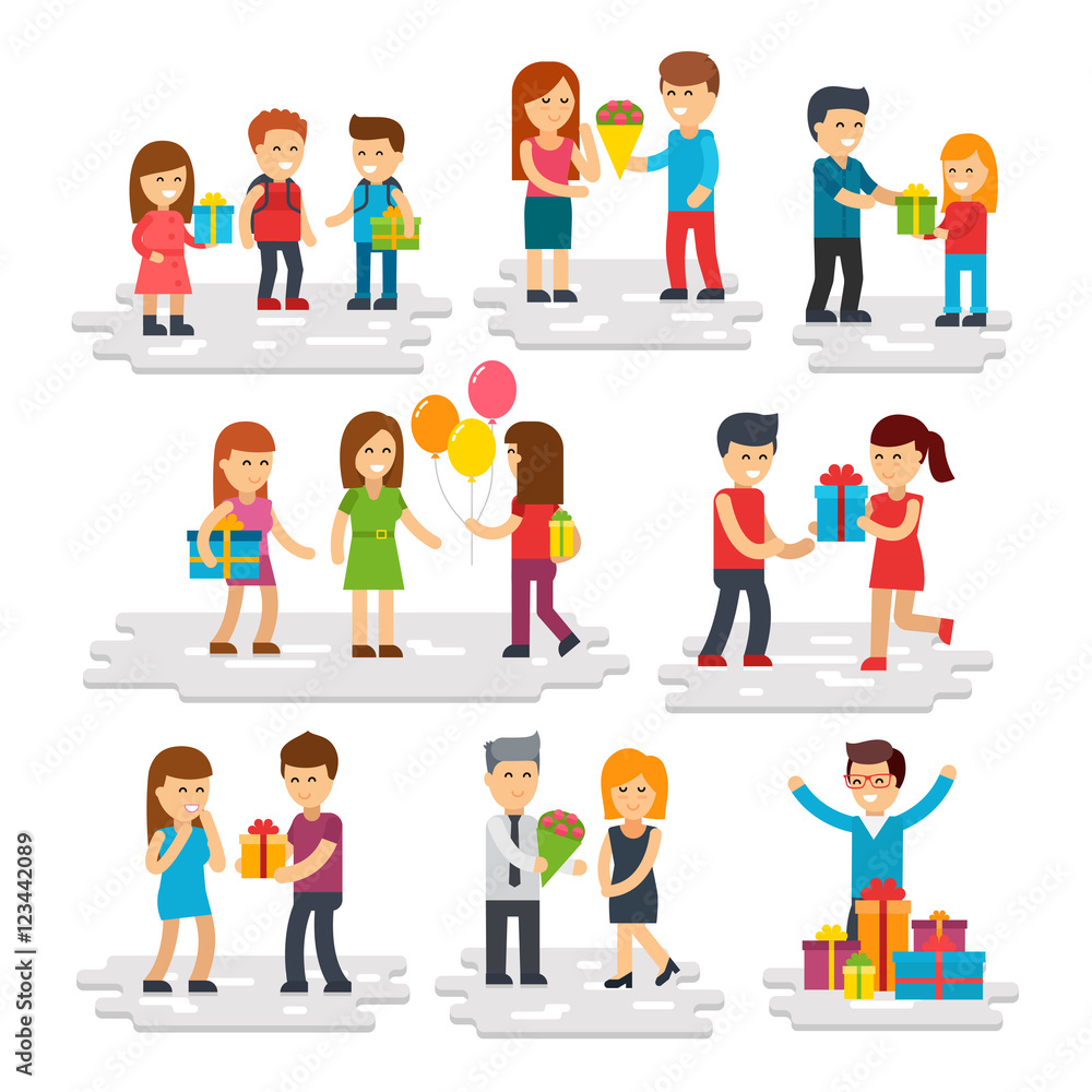 People give gifts, men and women do surprises, give gifts. Gifts vector flat illustration. Girl and boy present gift to another boy. Smiling people have fun with gift Isolated on white background.