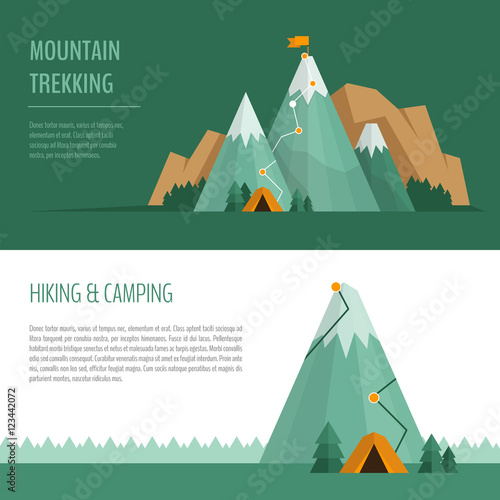 Mountain trekking, hiking, climbing and camping concept. Hiking trail concept, infographics.