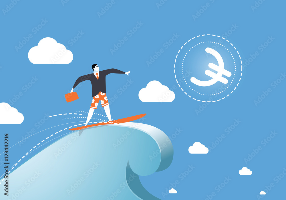 Illustration of a man on a wave of success, euro sign, business illustration, man character, successful management, money icon Illustration of a man on a wave of success, euro sign, business illustration, man character, successful management, money icon