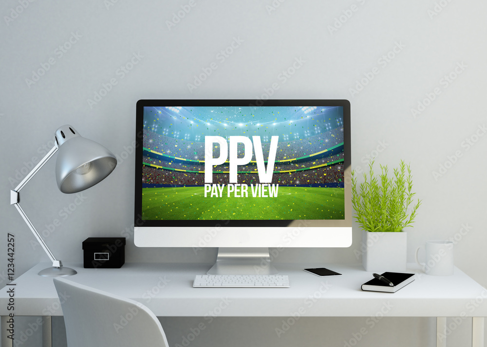 modern clean workspace with pay per view on screen modern clean workspace with pay per view on screen