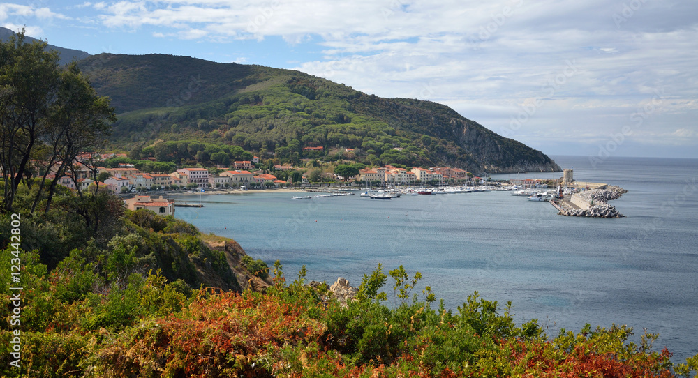 View on the historical harbor Marciana marina in Elba island, Tuscany, Italy, Europe.