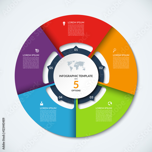 Circle infographic template. Vector layout with 5 options. Can be used for cycle diagram, round chart, graph, annual report, presentation, web design, step by step infographics