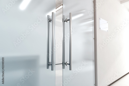 Blank glass door with metal handles mock up, 3d rendering. Office entrance with space sign board on wall mockup. Opened luxury hall doorway with transparent surface for your company logo design. photo