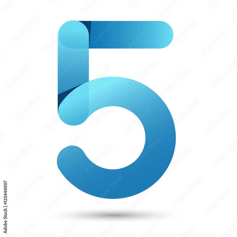 Number Five Papercut style with blue color on white background