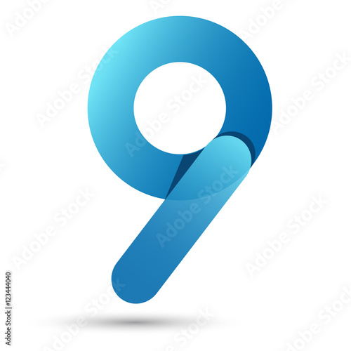 Number nine Papercut style with blue color on white background