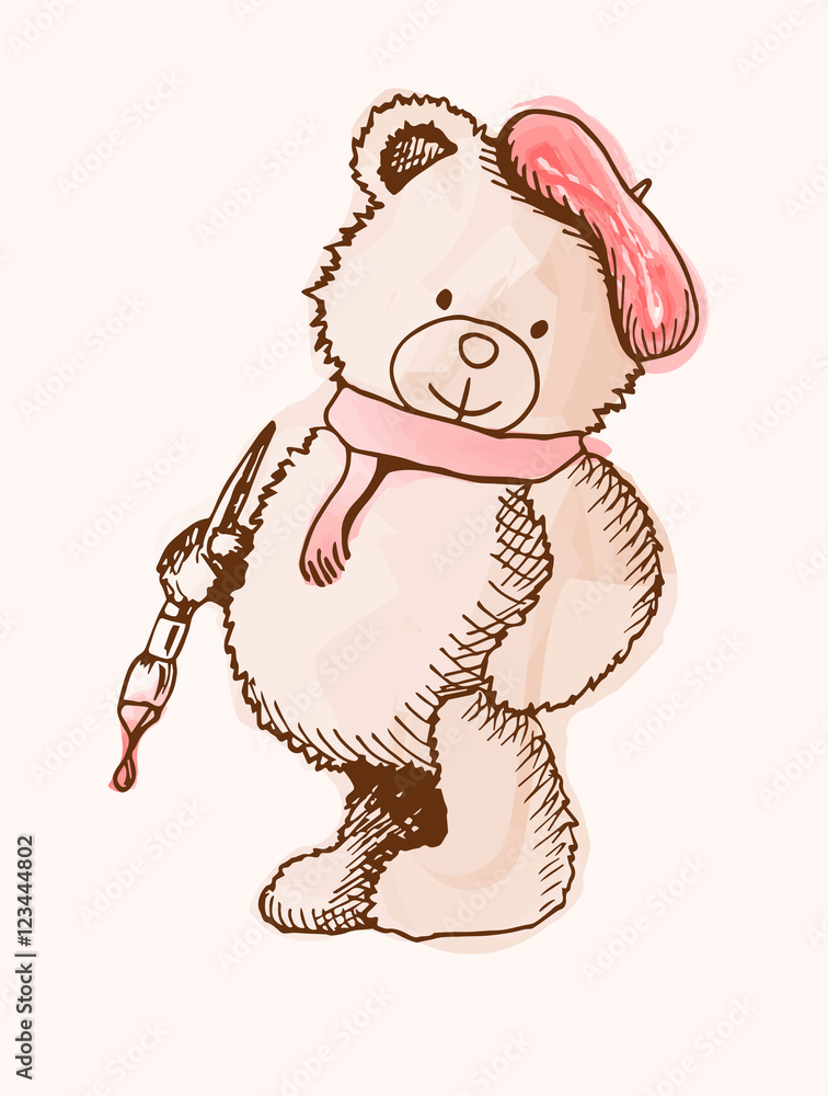 Obraz premium Sketch Bear in a cap and with a brush. Little teddy bear. EPS 10