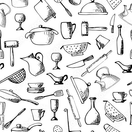 Set of hand drawn cookware. Vector illustration. Seamless pattern