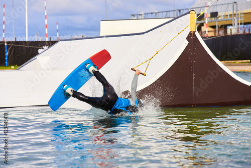 Wakeboarder crash in park after trick. Sport fail. photo