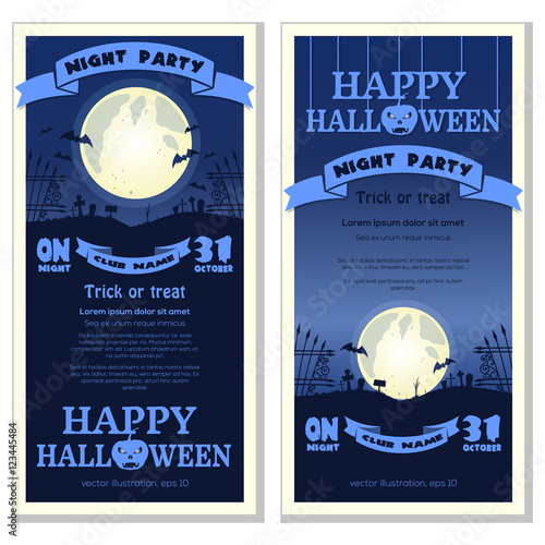 Halloween night party. Full moon over the cemetery. Invitation card template. Vector illustration