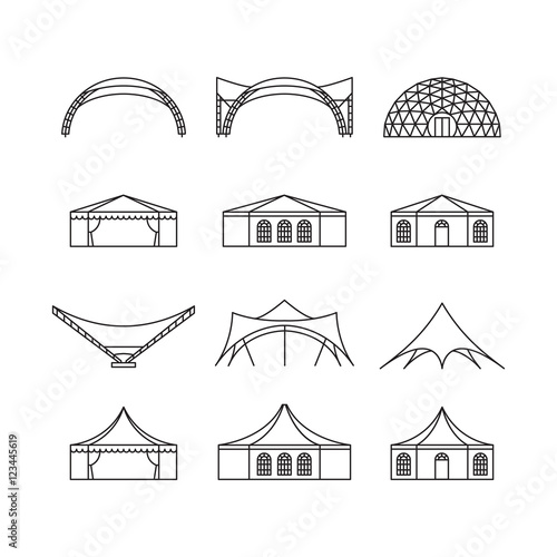 Icon set of various types event tent. Folding tent, canvas roof, wedding tent, canopy. Vector illustration.