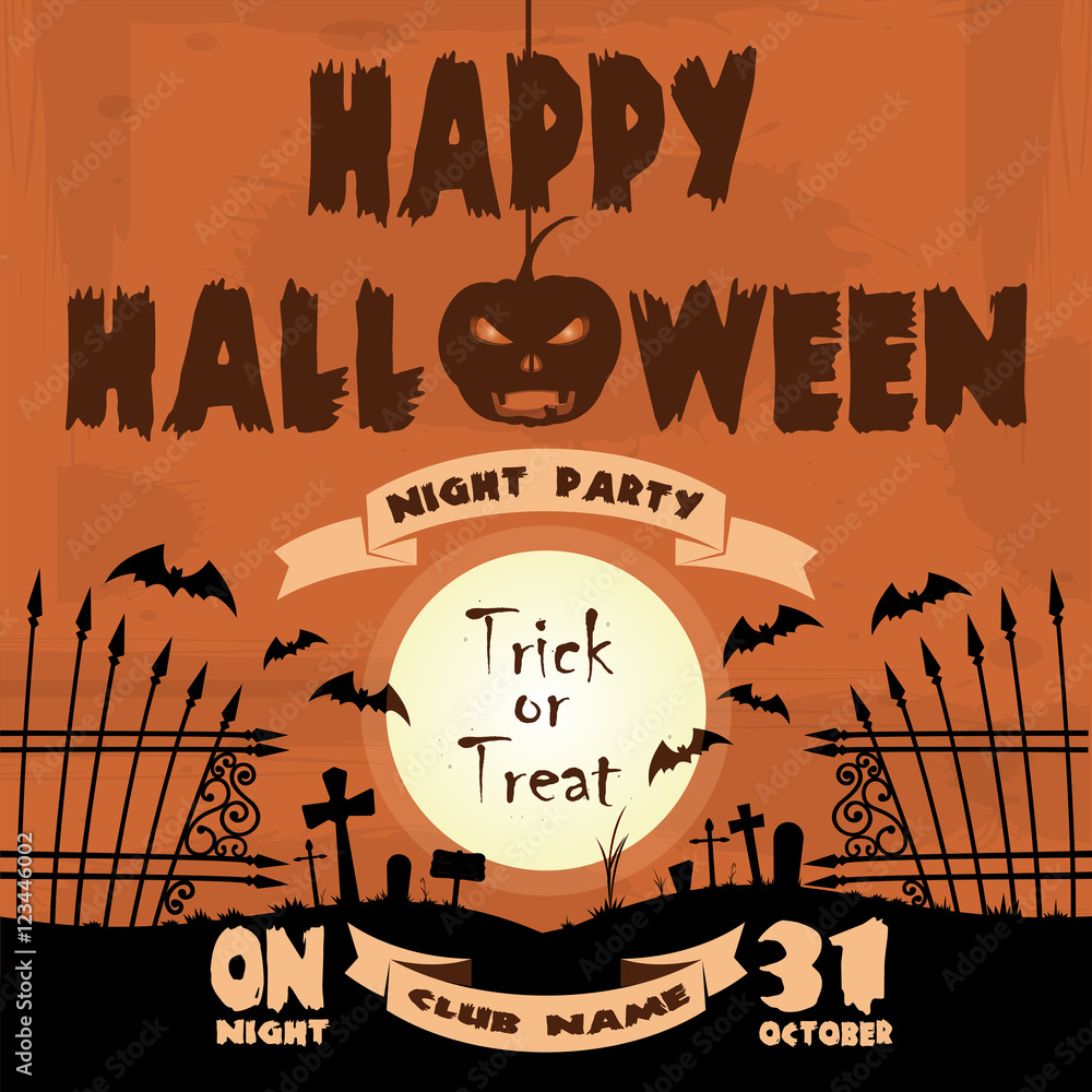 Happy Halloween design. Full moon over the cemetery. Halloween orange grunge poster template. Vector illustration