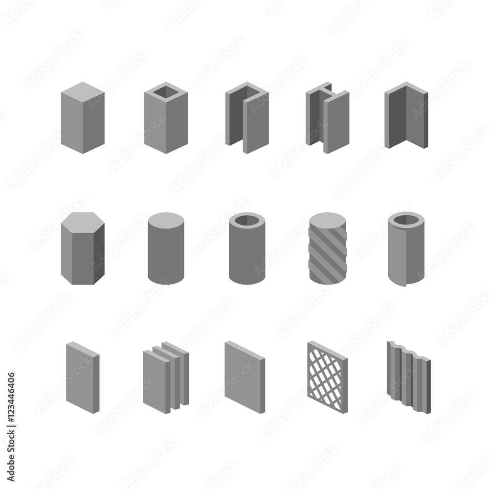 Metallurgy products vector icons set. Steel structure and pipe. Metallurgy products vector icons set. Steel structure and pipe.