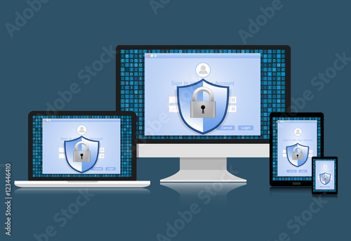 Concept is data security. Shield on computer ,Laptop, Tablet and