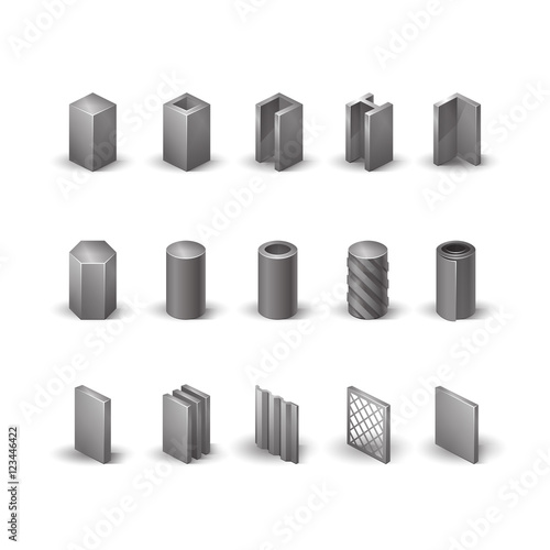 Metallurgy products vector realistic icons set. Detailed objects. Steel structure and pipe.