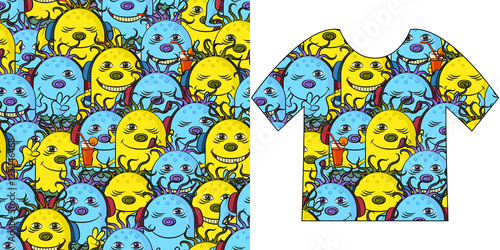 Seamless Background for Holiday Party Design with Cartoon Monsters Clubbers in Headphones, Listening Music and Smiling, Colorful Tile Pattern with Cute Funny Characters, Presented in Tank Top. Vector