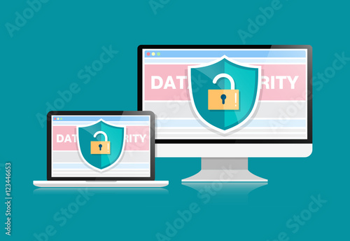 Concept is data security . Shield on Computer Desktop or Labtop