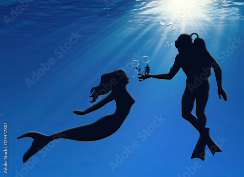 San Valentín, sirena y buzo, fondo del mar, ilustración, rayos, sol