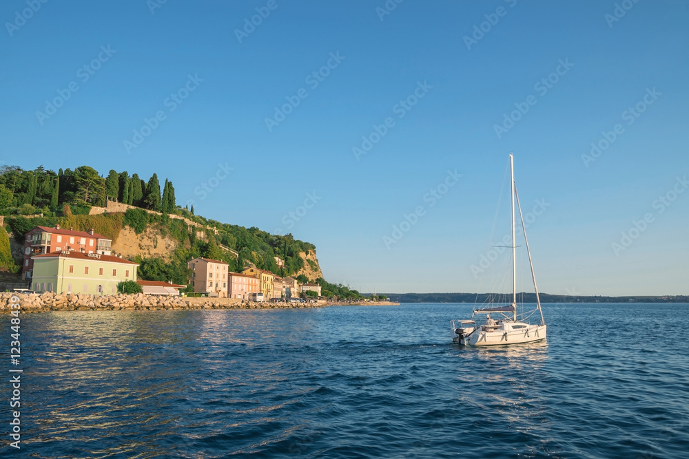 Sailboat on the Adriatic Sea near Piran in Slovenia Sailboat on the Adriatic Sea near Piran in Slovenia