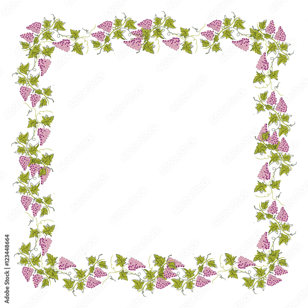 Stylized graphic image of a vine with grapes. Decorative square frame with branch of grapes, grape leaves. Good vine. Vector image.