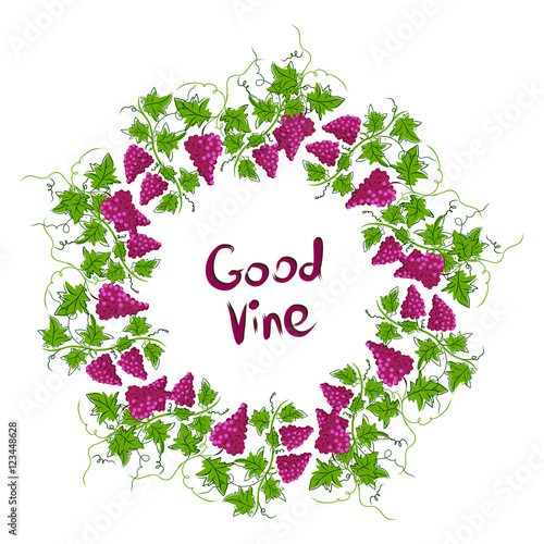 Stylized graphic image of a vine with grapes. Decorative square frame with branch of grapes, grape leaves. Good vine. Vector image.