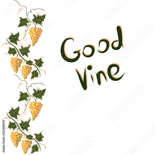 Stylized graphic image of a vine with grapes. Decorative square frame with branch of grapes, grape leaves. Good vine. Vector image.
