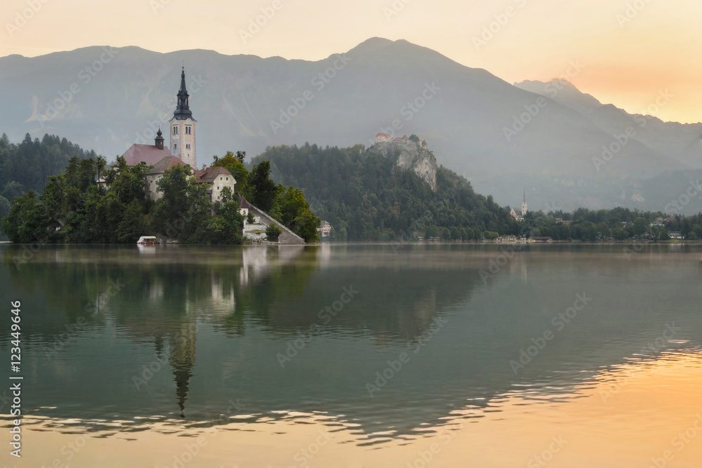 Bled island and castle at dawn in Slovenia