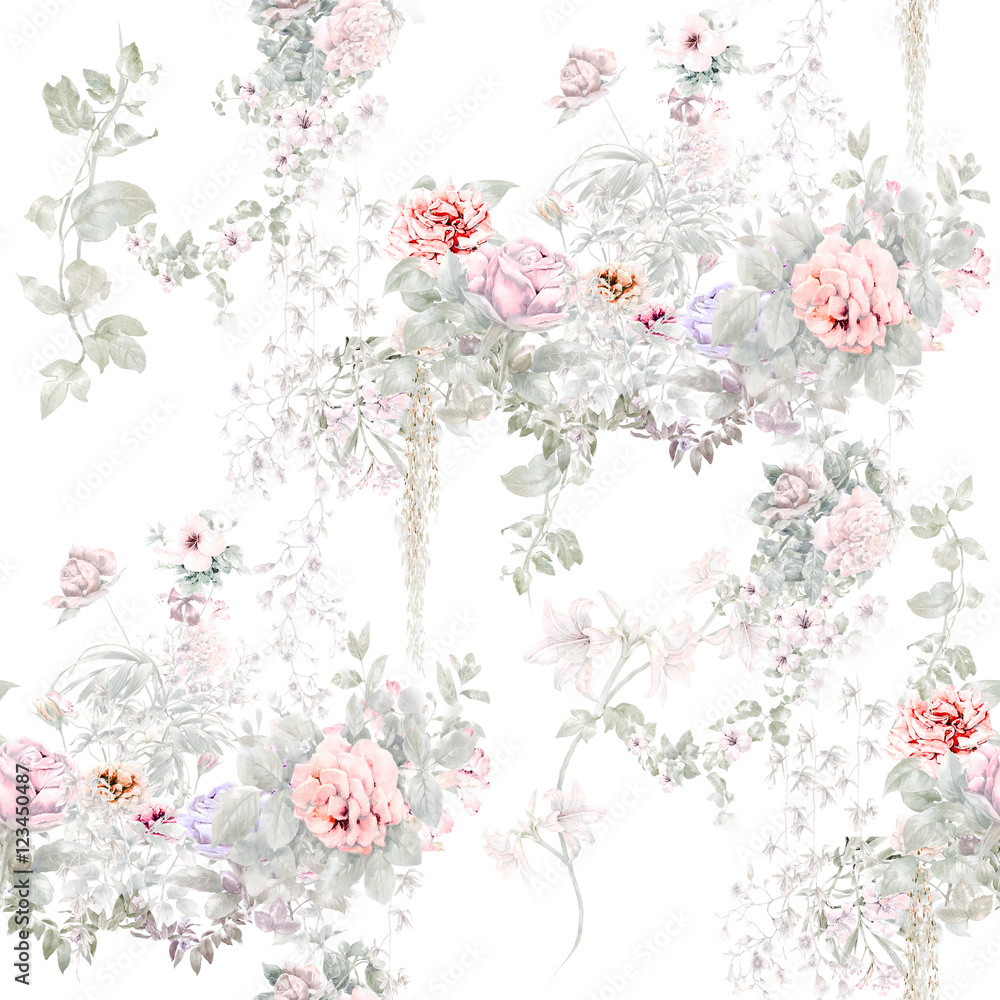 Fototapeta Watercolor painting of leaf and flowers, seamless pattern on white background