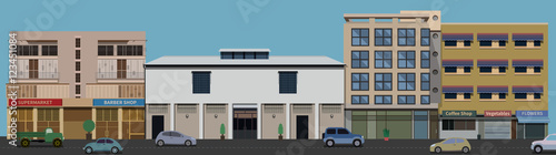 Raw of Buildings front view from the street with road and cars in vector format