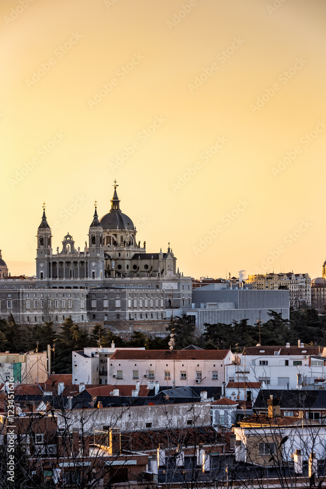 Almudena church of Madrid,Spain at sunset