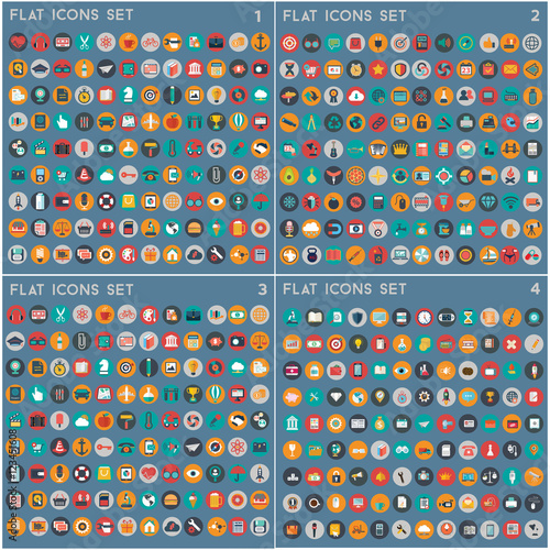 Flat icons design modern vector illustration big set of various financial service items, web and technology development, business management symbol, marketing items and office equipment on background