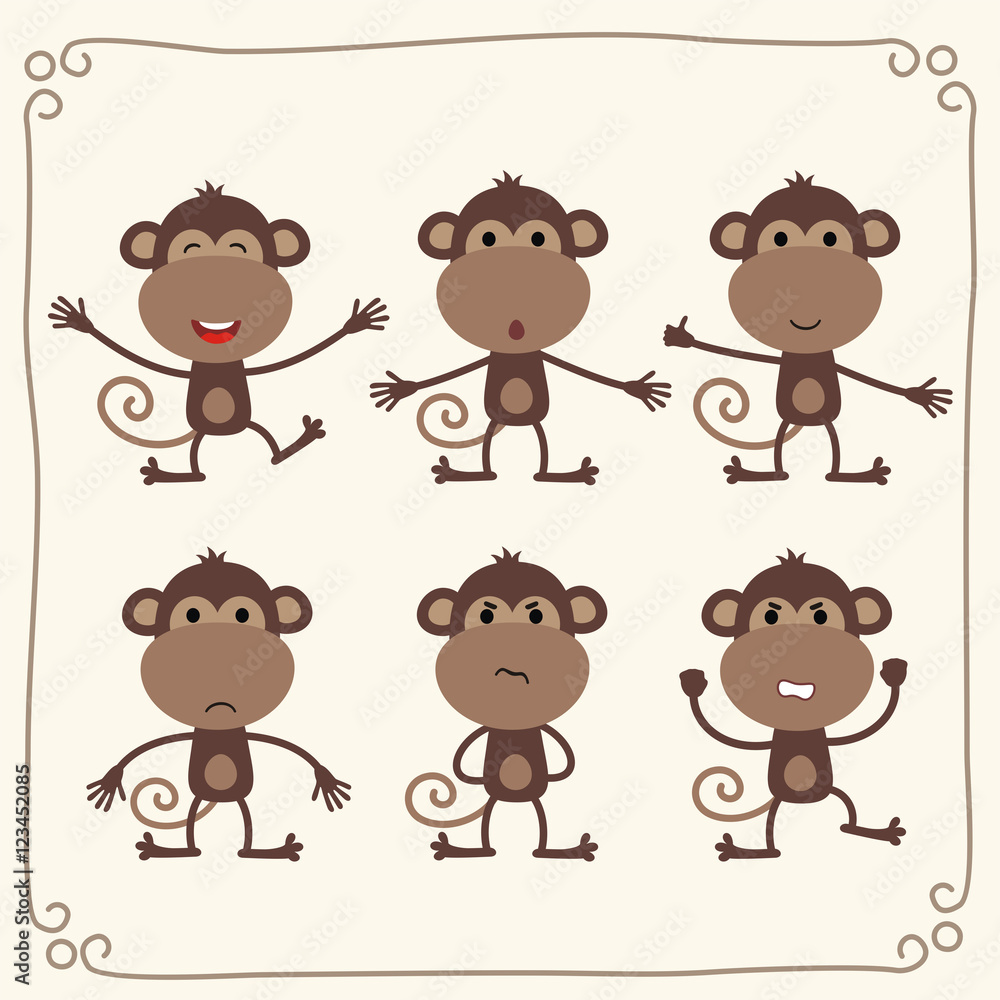 Vector set cute monkey. Collection isolated funny monkey. 
