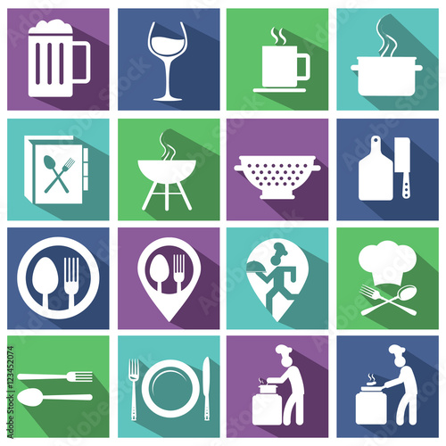 Cooking and kitchen icons with long shadow
