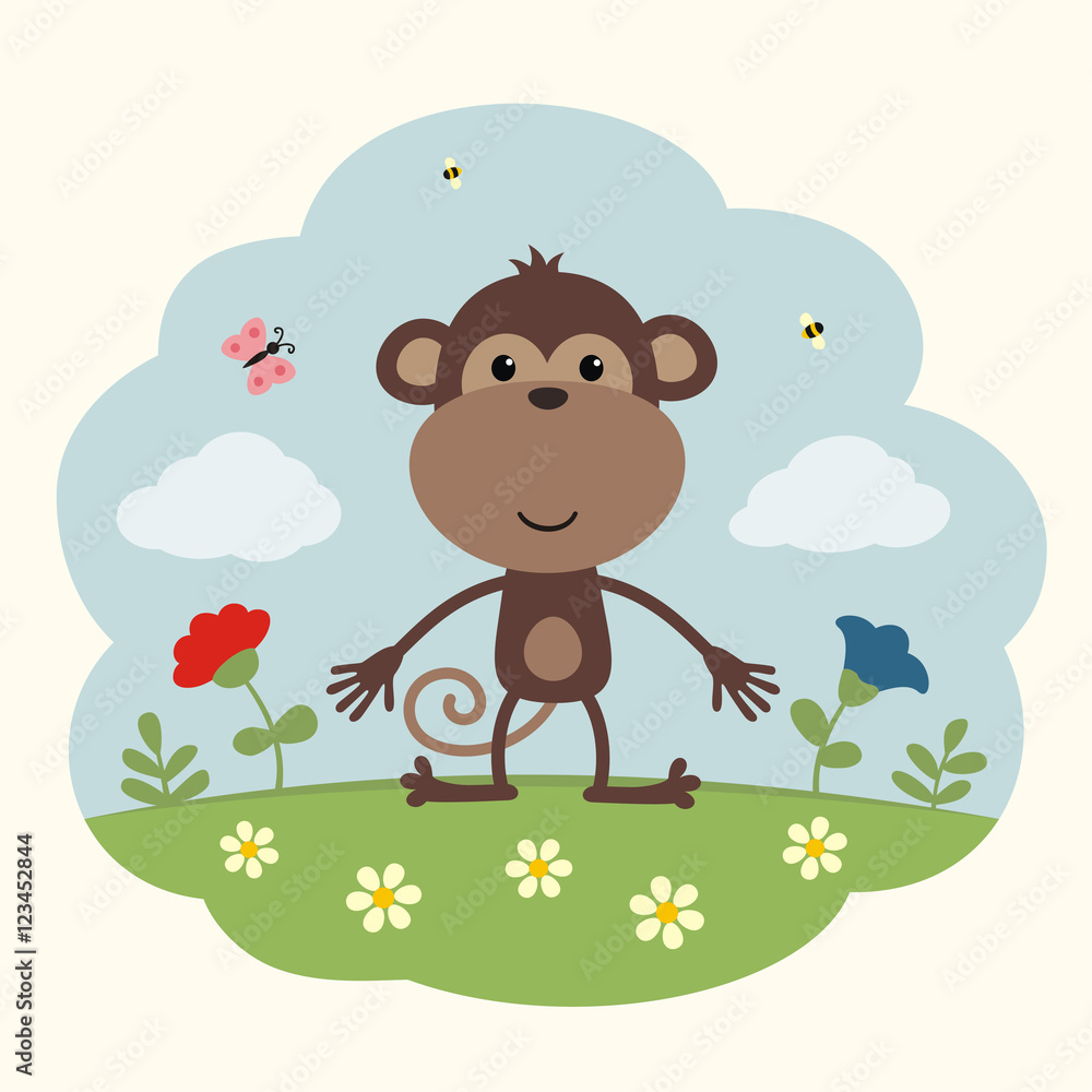 Obraz premium Funny monkey on background of desert. Little monkey in cartoon style.