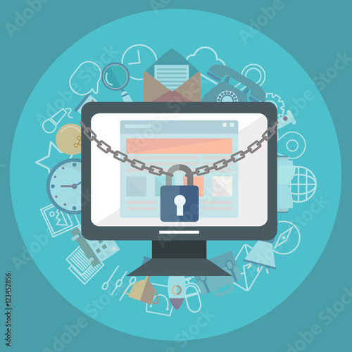 Flat illustration of security center. Lock with chain around computer