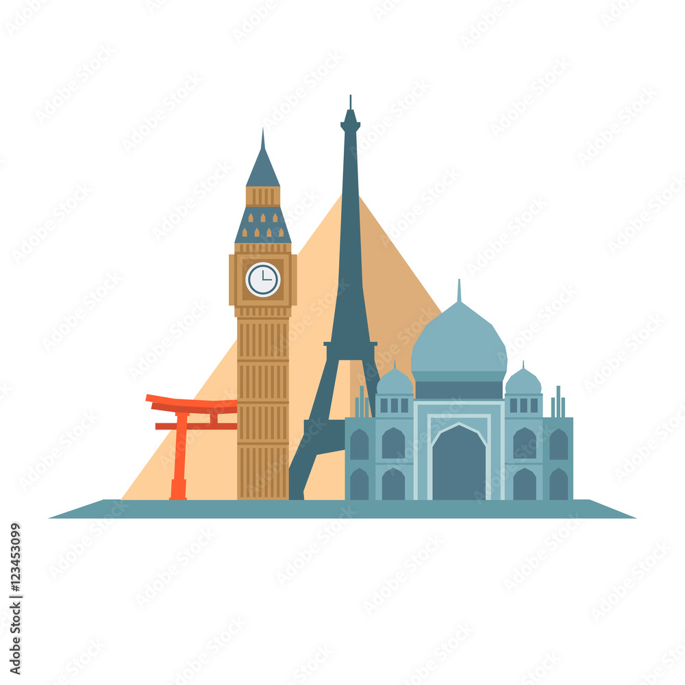 Historical tourism and travel icon. World landmarks. Flat style, vector illustration.